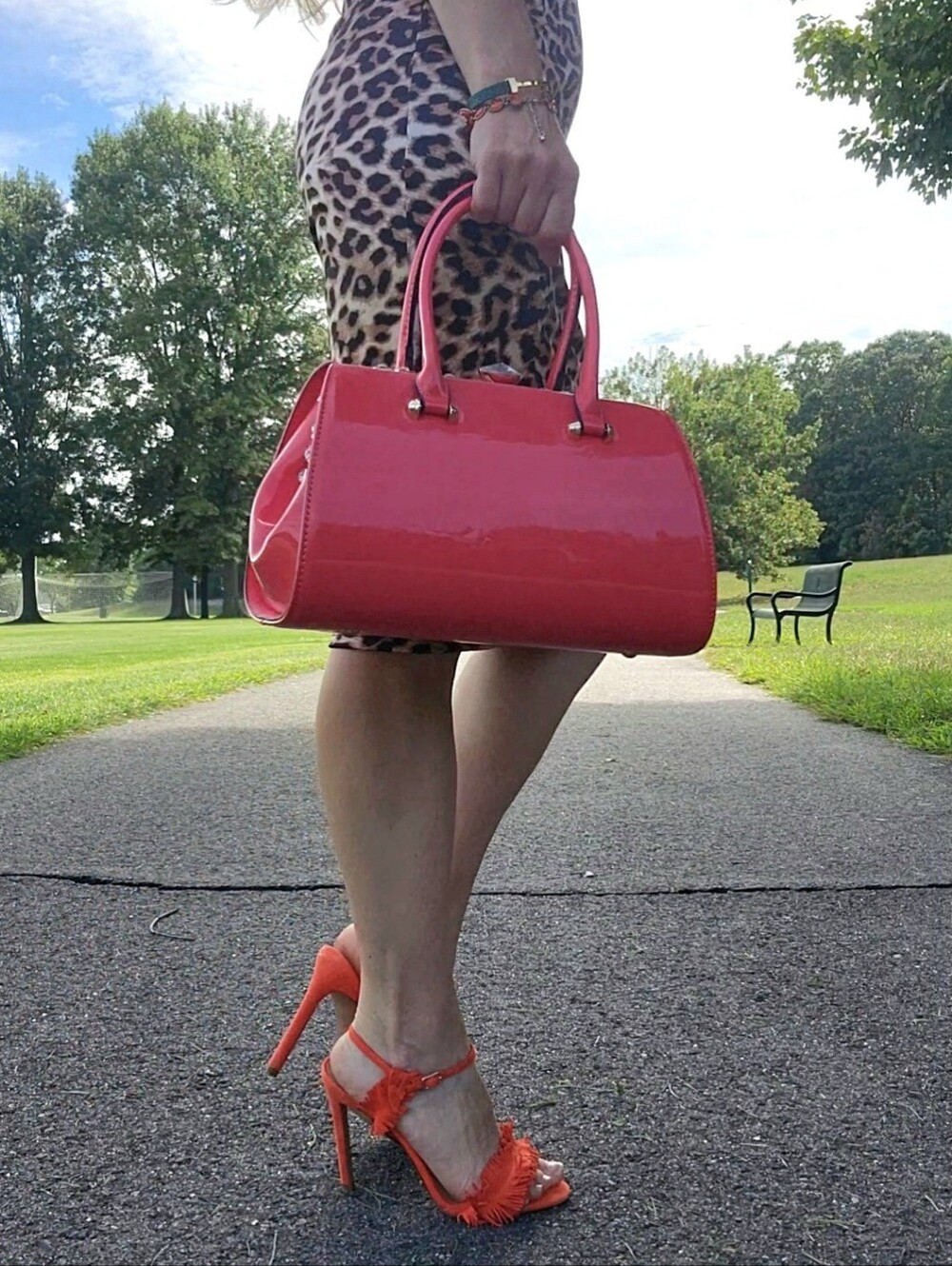 NWOT Coral shiny purse handbag Crossbody with faux diamond accent gold tone